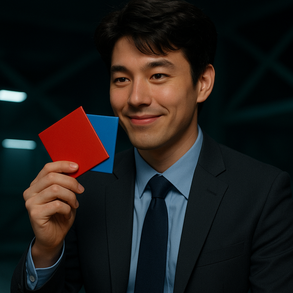 딱지를 들고 있는 인물