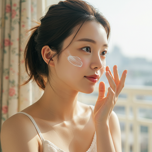 아침에 선크림 바르는 모습 (Applying sunscreen in the morning)