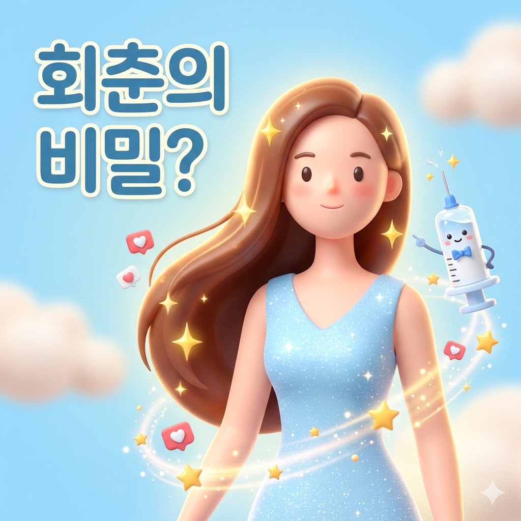 피부가 빛나고 활기찬 모습의 여성이 태반주사를 통해 젊음과 활력을 되찾는 것을 은유적으로 표현한 3D 카툰 일러스트.