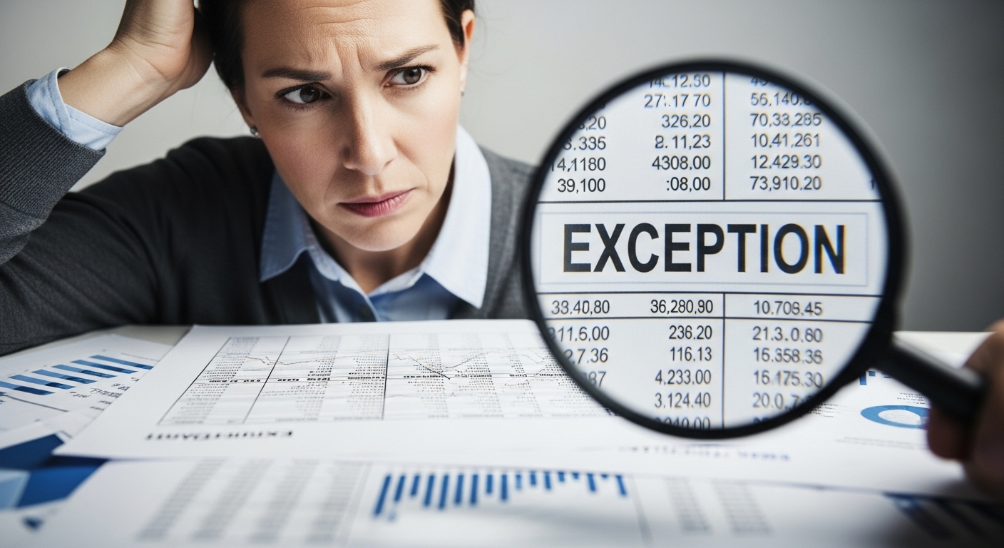 복잡한 규정 문구가 담긴 서류 앞에서 고개를 갸웃거리는 직장인과 그 옆에 '특례'라고 강조된 돋보기