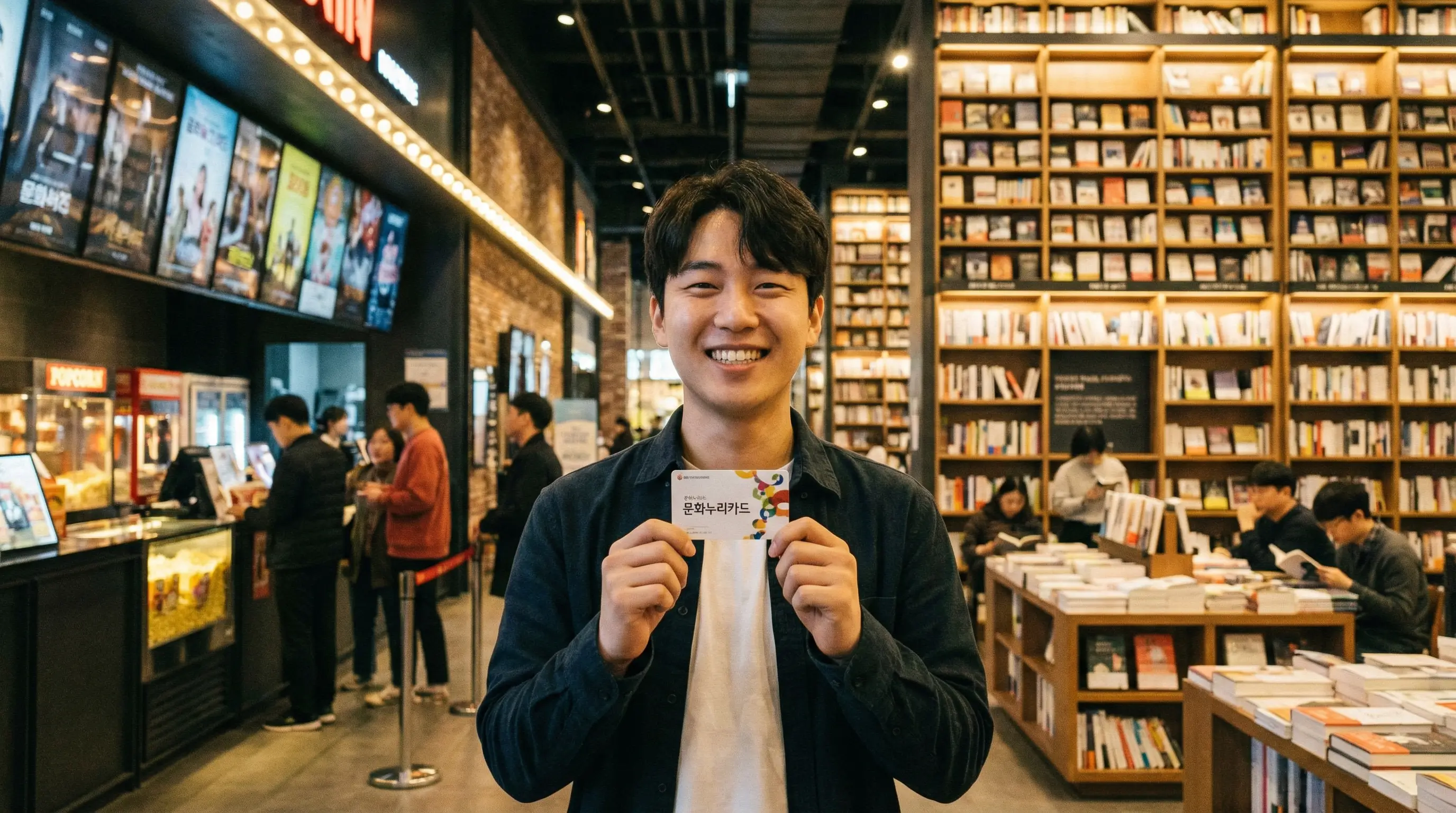 행복한 표정의 청년이 문화 복지 카드를 손에 들고 영화관이나 서점 배경에 서 있는 모습