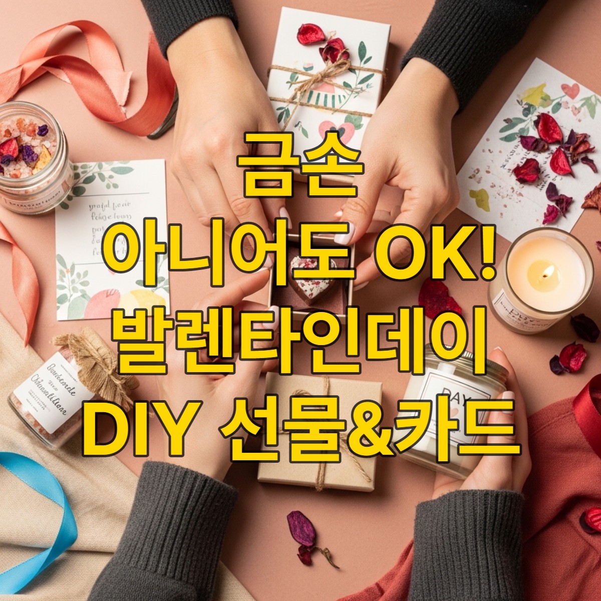 사랑스러운 분위기 속에서 정성껏 만든 수제 초콜릿을 포장하는 남녀의 손. 주변에는 DIY 발렌타인데이 선물과 카드 재료들이 놓여있습니다.