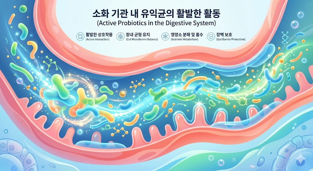 소화 기관의 건강한 상태와 장내 미생물 환경 개선을 묘사한 이미지.