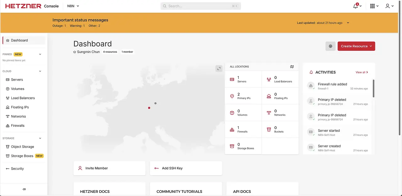 Hetzner 방화벽 대시보드 화면