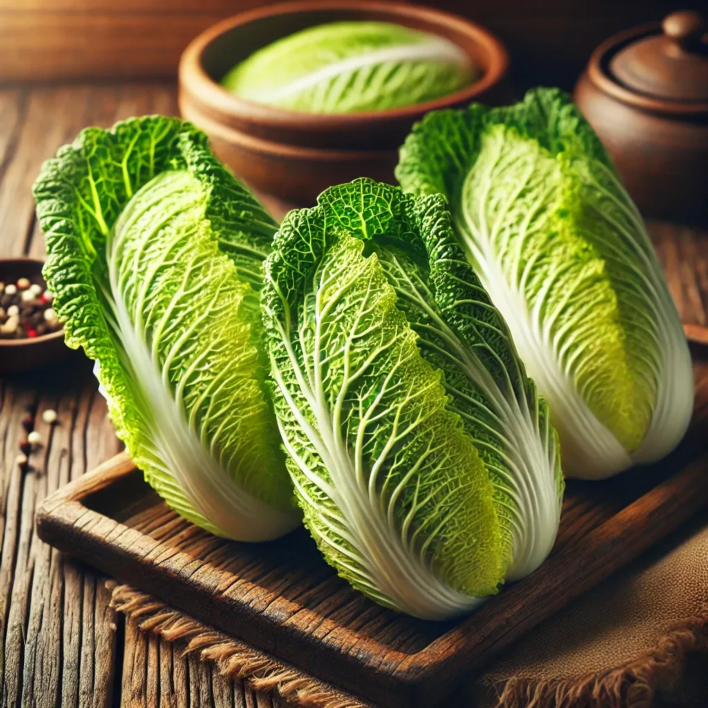 임배추용-신선한-배추잎-3장-나무-표면