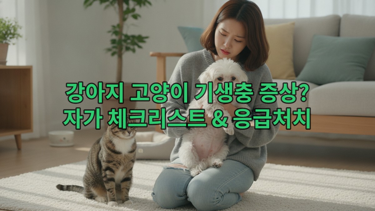 사랑스러운 강아지와 고양이를 걱정스러운 표정으로 살피는 한국인 여성 보호자, 반려동물 기생충 감염 증상을 확인하는 모습
