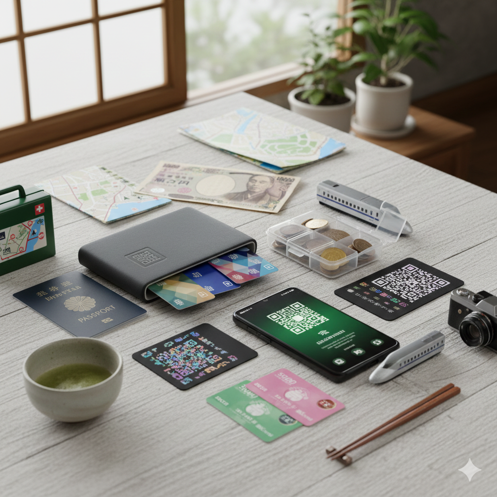 여행 관련 소품들이 원목 테이블 위에 배열되어 있는 이미지. 주요 소품으로는 중앙에 여러 장의 카드가 꽂힌 검은색 카드 지갑, 왼쪽에 여권과 구급 상자, 오른쪽 상단에 10,000엔 지폐 두 장과 함께 투명한 플라스틱 약통 케이스에 분리된 동전들이 보입니다. 아래쪽에는 스마트폰 화면에 QR 코드가 떠 있고, 그 주변으로 신칸센 모형, 말차 한 잔, 지도 조각들, 그리고 두 장의 분홍색과 녹색 카드가 놓여 있습니다. 전체적으로 차분하고 깔끔한 구성으로, 일본 여행 준비물과 현대적인 하이브리드 결제 수단을 나타내고 있어요.