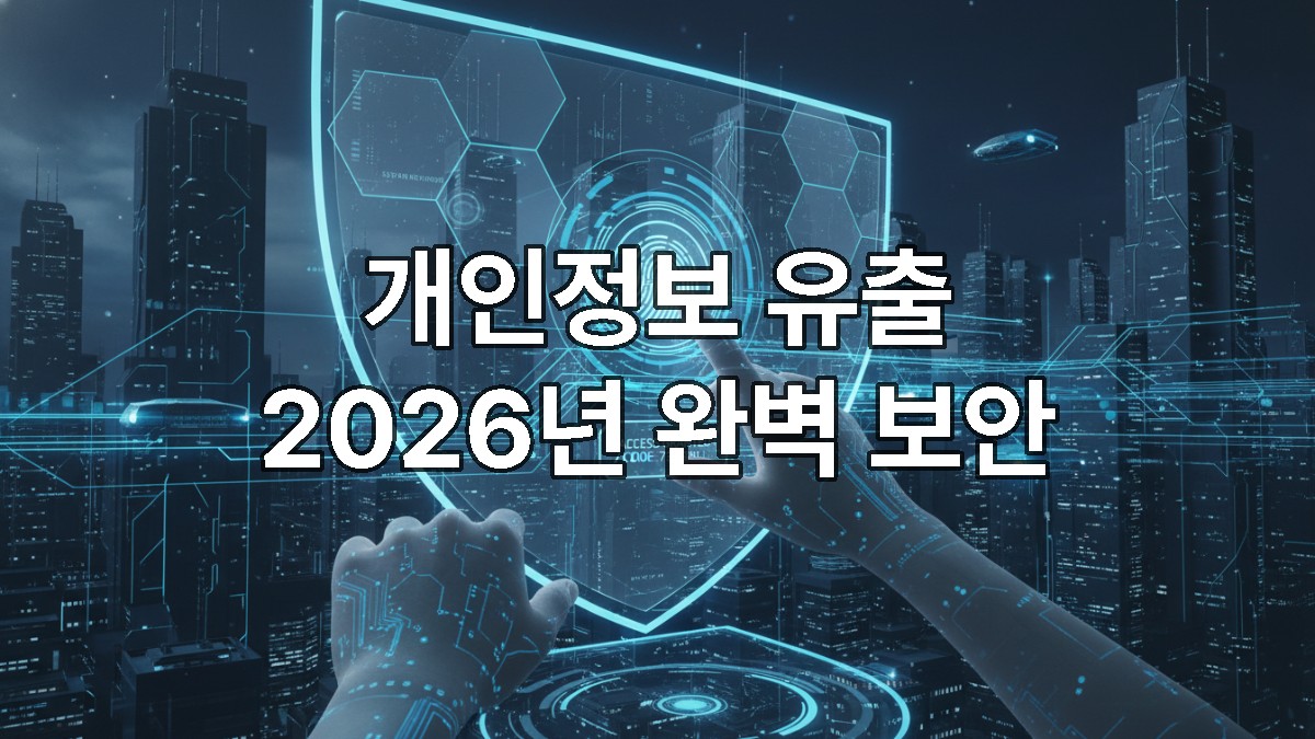 2026년 디지털 시대를 배경으로 개인정보를 안전하게 보호하는 모습을 형상화한 이미지. 손이 생체 인식 보안 인터페이스와 상호작용하며, 도시 위로 안전한 데이터 흐름을 상징하는 푸른빛 방패가 드리워져 있다.