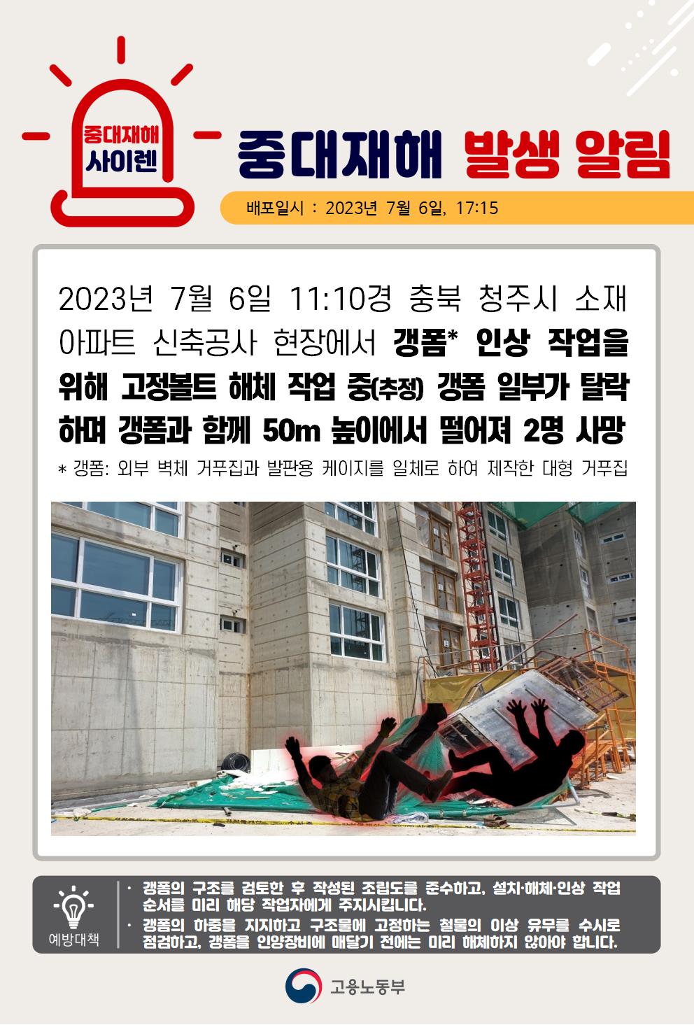갱폼 인상 작업 중 갱폼과 함께 떨어짐
