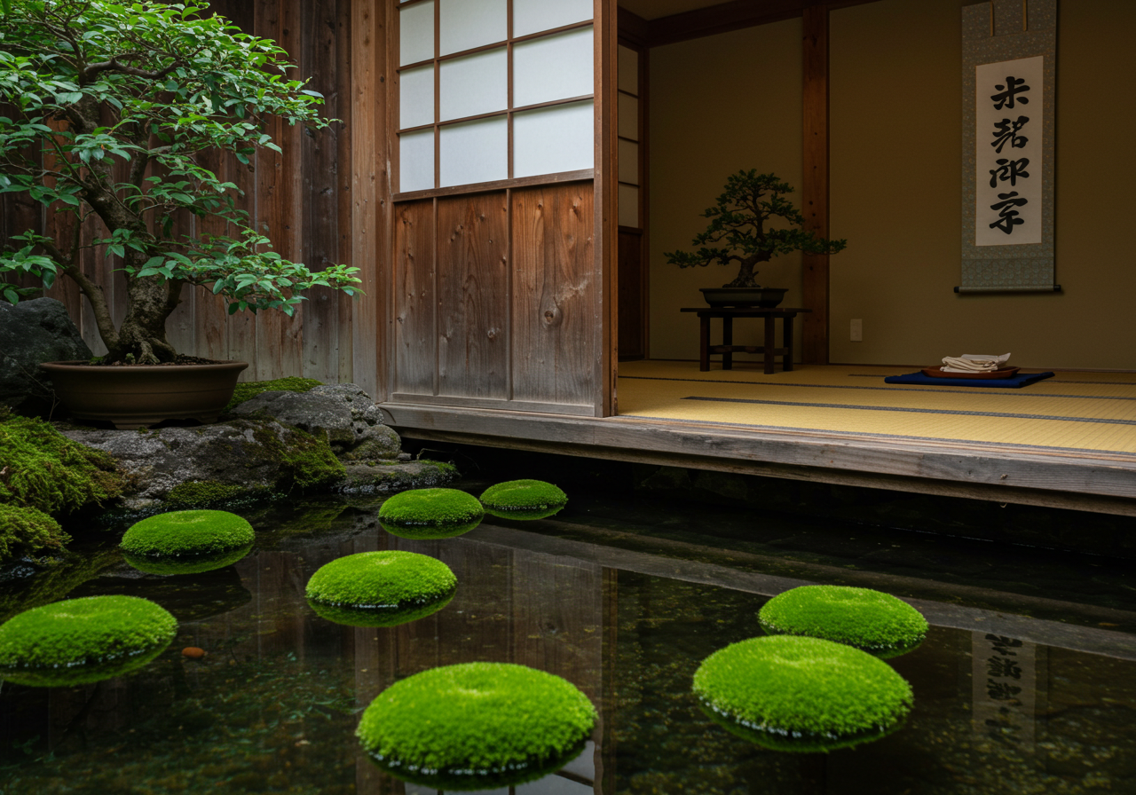 일본 전통 소품과 함께 배치된 마리모의 문화적 의미