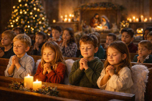 성탄절을 맞아 주일학교 학생들이 교회에서 함께 모여 기도하며 예배드리는 따뜻한 모습