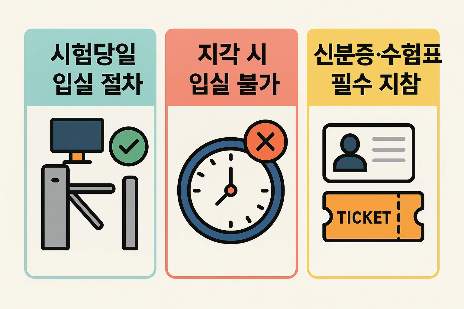 시험 당일 입실절차, 신분증·수험표 지참, 지각 시 입실 제한 등 실전 유의사항을 정리한 인포그래픽