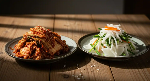 배추김치와 물김치가 식탁 위 접시에 올려져 있는 모습