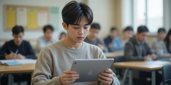 운전면허학원 이론 시험을 앞두고 태블릿으로 공부하는 장면