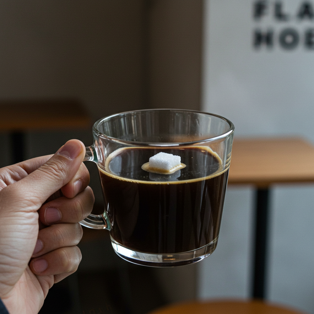 블랙커피가 담긴 투명한 잔 안에 설탕이 녹는 듯한 형상이 보이는 이미지. 카페인이 혈당에 미치는 숨은 영향을 상징.