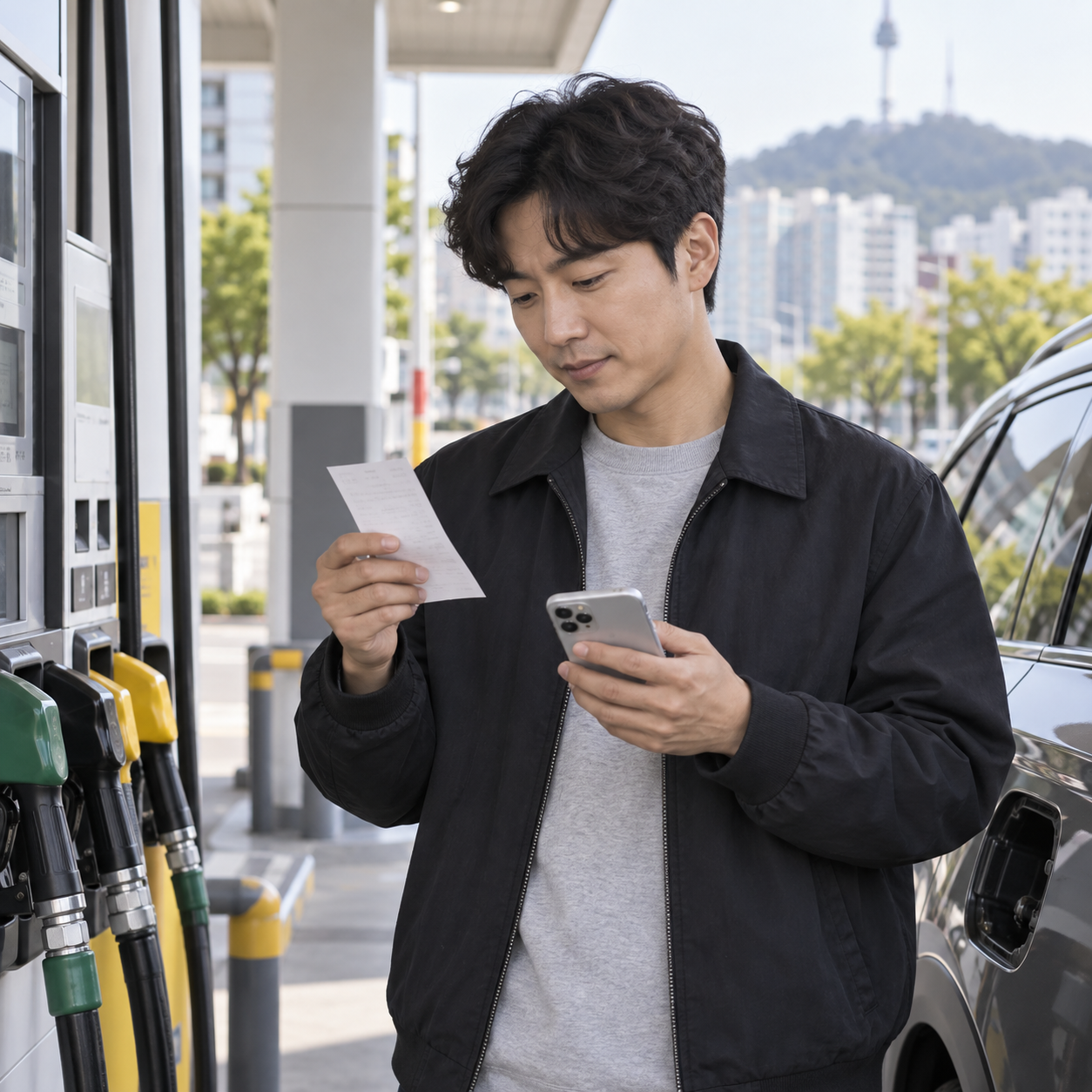 주유 영수증을 확인하는 운전자