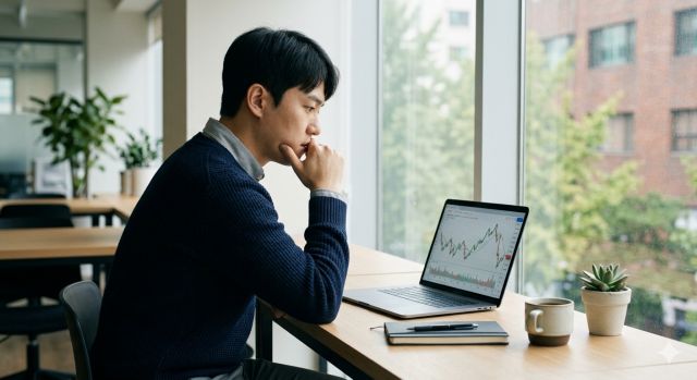 환율 하락 상황에서 달러 매수 타이밍을 고민하는 투자자 모습