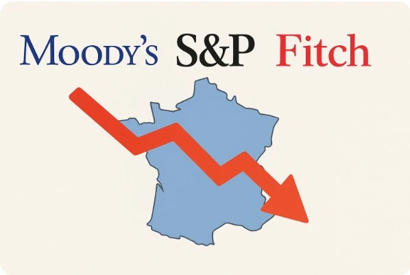 무디스 S&amp;P 피치 로고와 프랑스 경제 신용등급 하락 상징 이미지