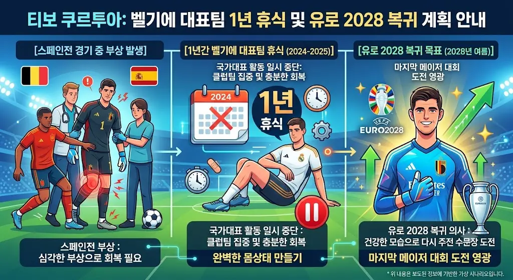 쿠르투아가 스페인전 부상 후 벨기에 대표팀 1년 휴식과 유로 2028 복귀 의사를 밝힌 내용을 설명한 이미지