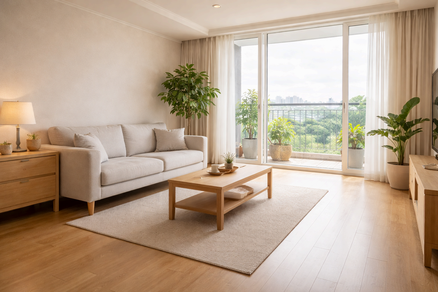 자연광이 들어오는 정돈된 거실 미니멀 풍수 인테리어