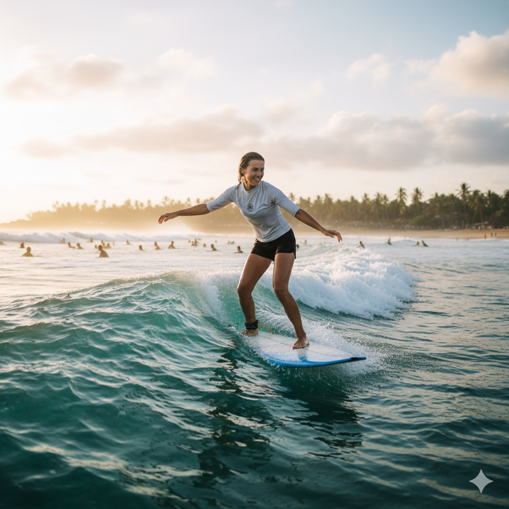 꾸따 해변에서 즐기는 여름휴가의 서핑 체험