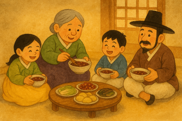 온가족이 함께 모여 팥죽을 먹는 모습