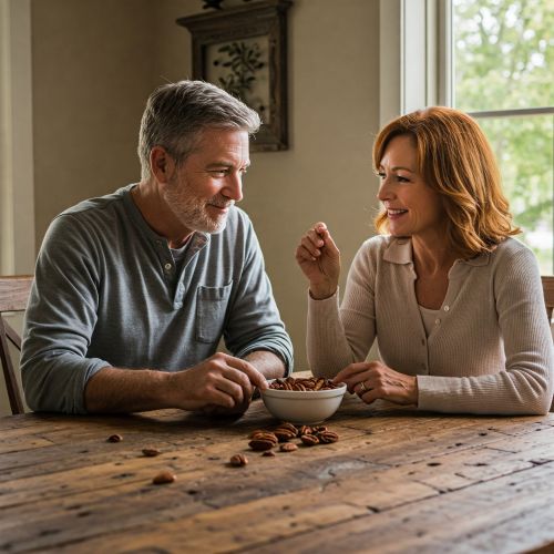 피칸을 먹고 있는 중년 부부