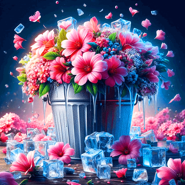 분홍꽃들이 가득한 양동이 안에 사각형 얼음들이 꽃 사이마다 있다. 바닥에도 꽃과 얼음들이 가득하다.