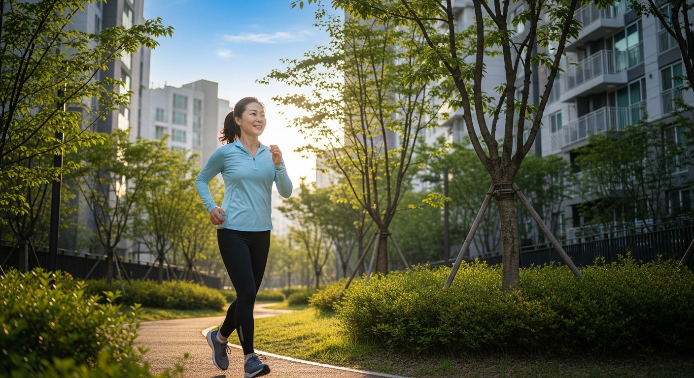 아침 산책로에서 조깅하는 50대 한국인 여성