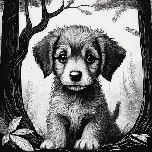 숲 속 강아지 흑백 스케치