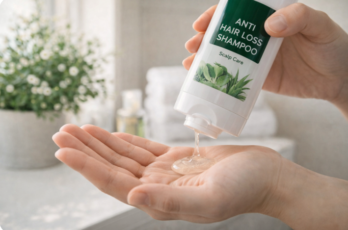 탈모 예방 샴푸를 손에 덜어내는 장면
