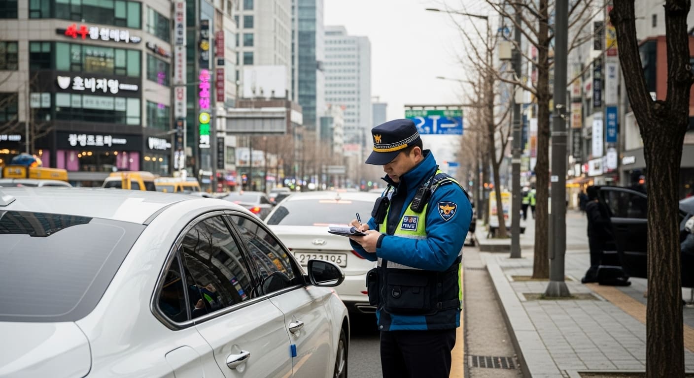 도로변 주정차 금지 표지판과 노면 표시