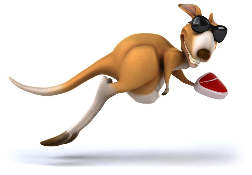 선글라스 쓴 캥거루가 스테이크를 들고 웃으며 뛰어가고 있는 만화 캐릭터가 AI이미지로 표현됨