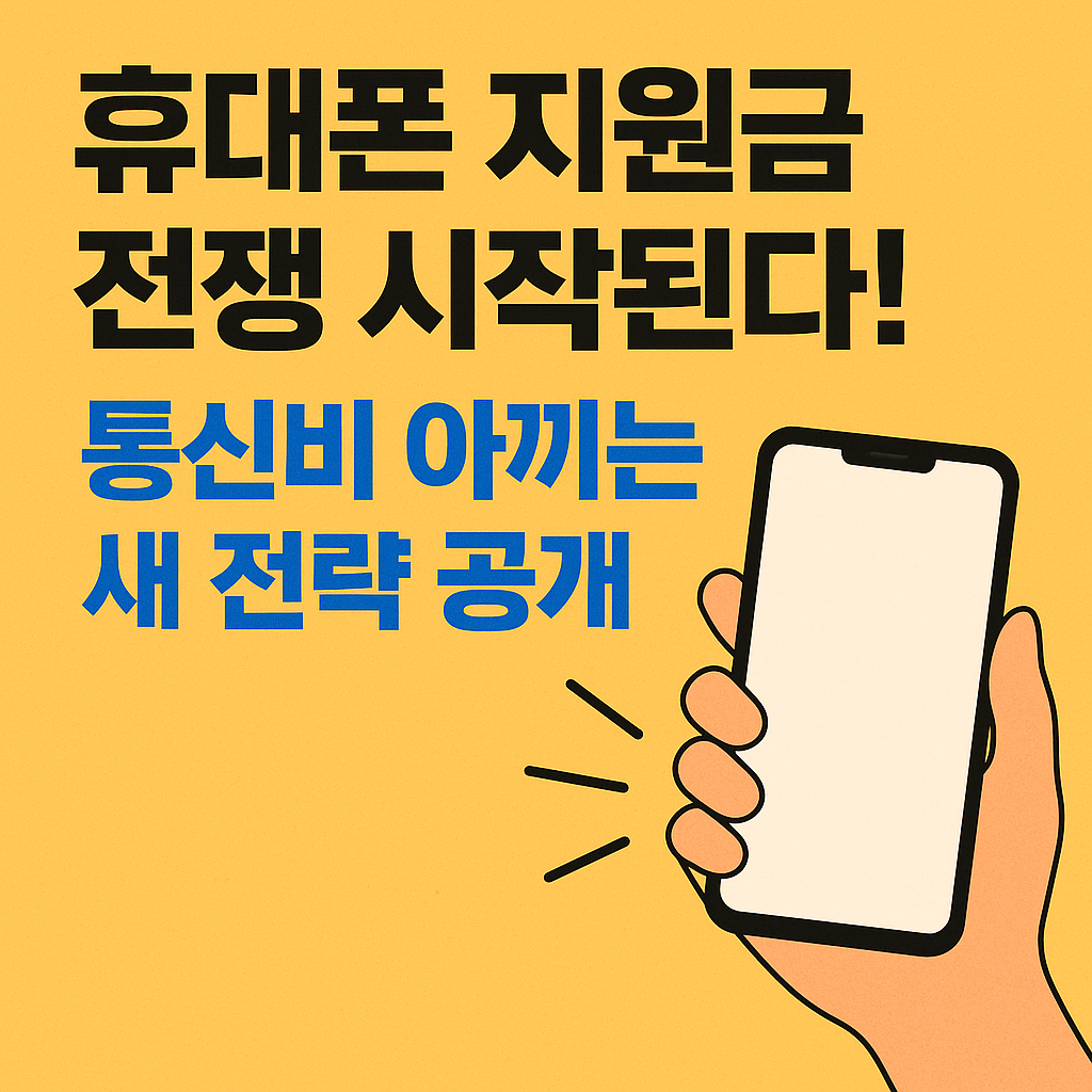 "휴대폰 지원금 전쟁 시작 안내 &ndash; 스마트폰을 든 손과 '통신비 아끼는 새 전략 공개' 문구가 포함된 일러스트"