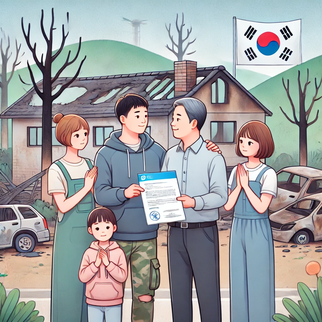 가족이 피해 주택 앞에서 정부 지원을 받는 감동적인 순간