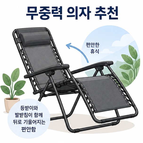 등받이와 발받침이 함께 기울어진 접이식 리클라이너 의자를 배치해 무중력 의자 추천 기준을 설명한 대표 이미지