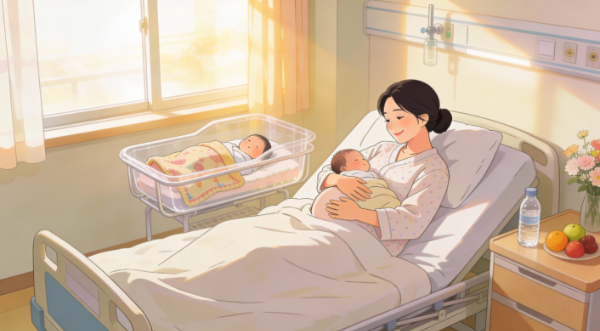출산 후 병실에서 산모가 신생아를 안고 누워 있는 모습, 기대와 달랐던 산후조리의 현실적인 시작을 보여주는 이미지