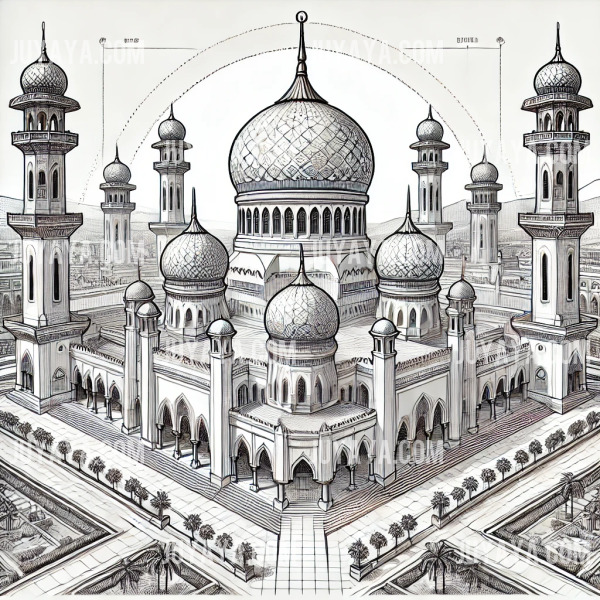브루나이 반다르세리베가완의 장난 루미 사원을 정교하게 묘사한 라인아트 이미지.