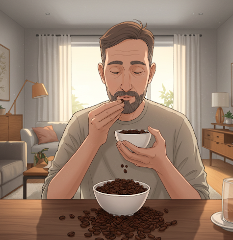 집에서 커피 원두를 즐기는 이미지