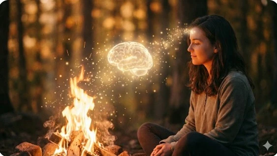모닥불과 빛으로 연결된 뇌와 불멍하는 사람