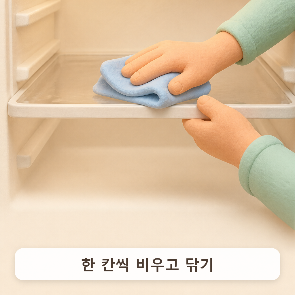 냉장실 맨 위 칸부터 행주로 닦아 내려가는 손