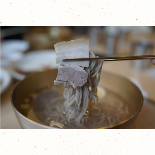 담백한 소고기 육수가 담긴 평양냉면 한 그릇