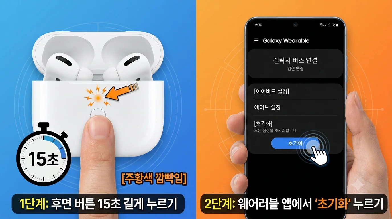 에어팟 케이스 후면 버튼 주황색 불 깜빡임 및 갤럭시 버즈 공장초기화 페어링 화면