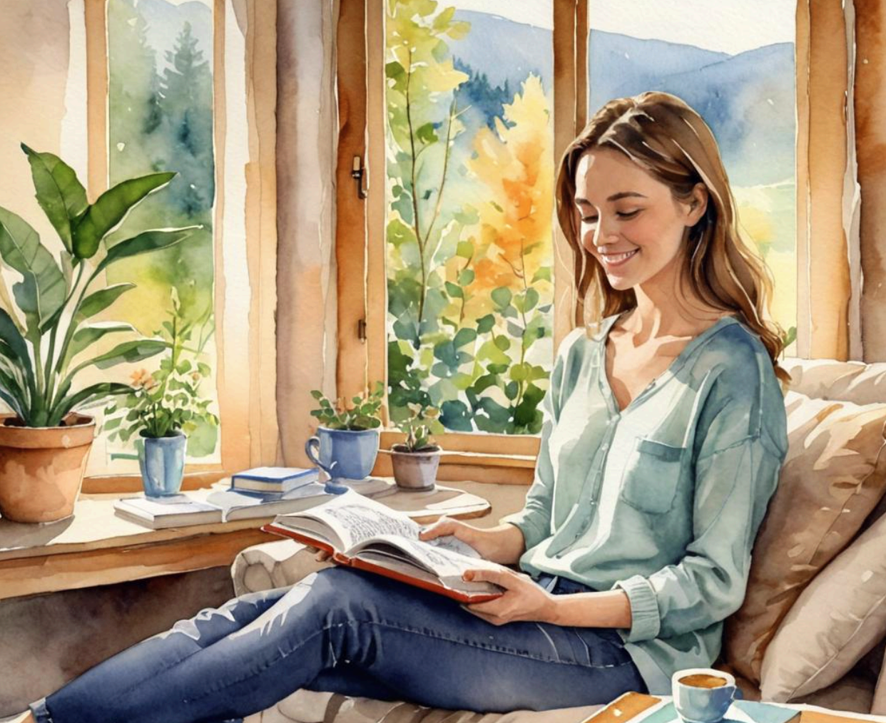 편안한 장소에서 책을 읽으며 미소 짓고 있는 여성의 모습이 수채화 기법으로 표현되어 있다