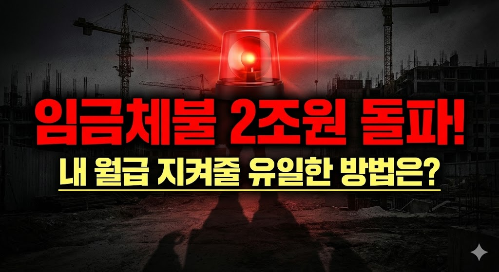 어두운 회색 톤의 건설 현장 이미지 위에 붉은색 경고등 효과
메인 카피: 임금체불 2조원 돌파! (굵고 강렬한 폰트)
서브 카피: 내 월급 지켜줄 유일한 방법은? (노란색 강조)
대체 텍스트: 건설 현장 배경과 충격적인 숫자를 강조한 썸네일