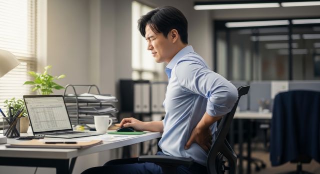 허리 통증 완화를 위해 의자와 방석을 고민하는 직장인 모습