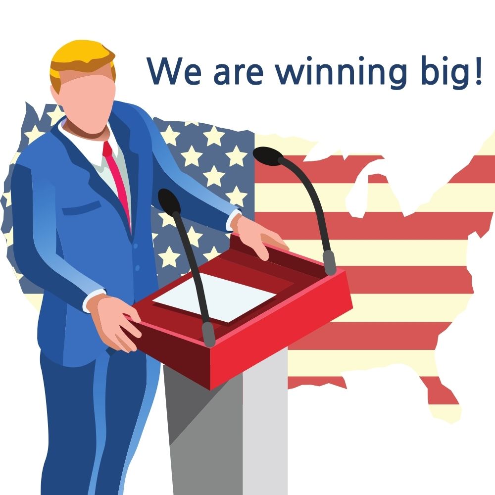 미국 국기와 'We are winning big!' 슬로건