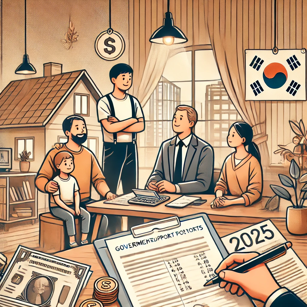 월세, 생활비를 걱정하는 저소득층을 위한 지원정책을 설명하는 그림의 일러스트