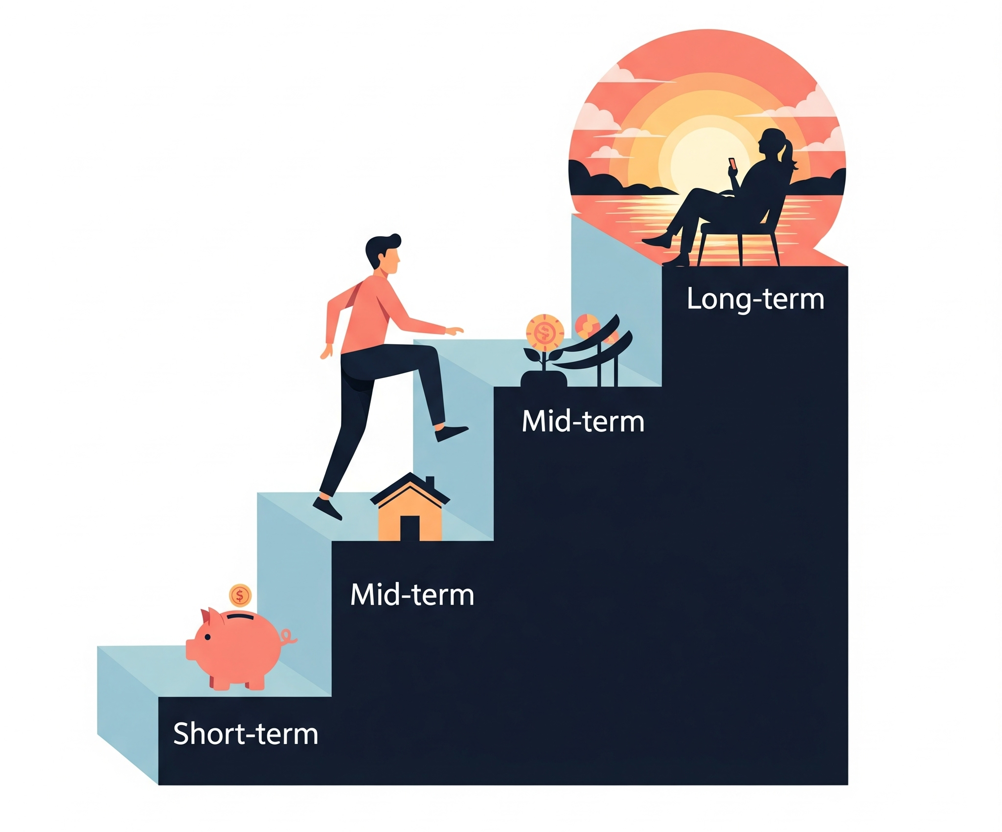 인생의 단기, 중기, 장기 목표를 향해 계단을 올라가는 사람의 모습