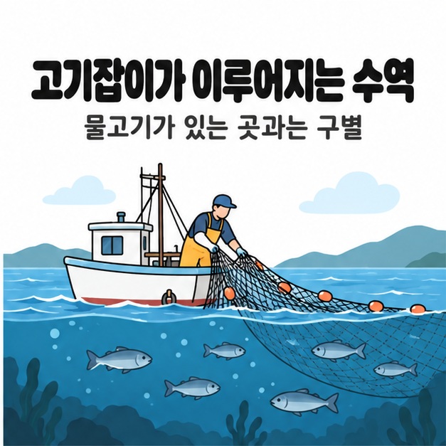바다에서 어업인이 어선 위에서 그물을 다루고 수면 아래 물고기들이 헤엄치는 그림